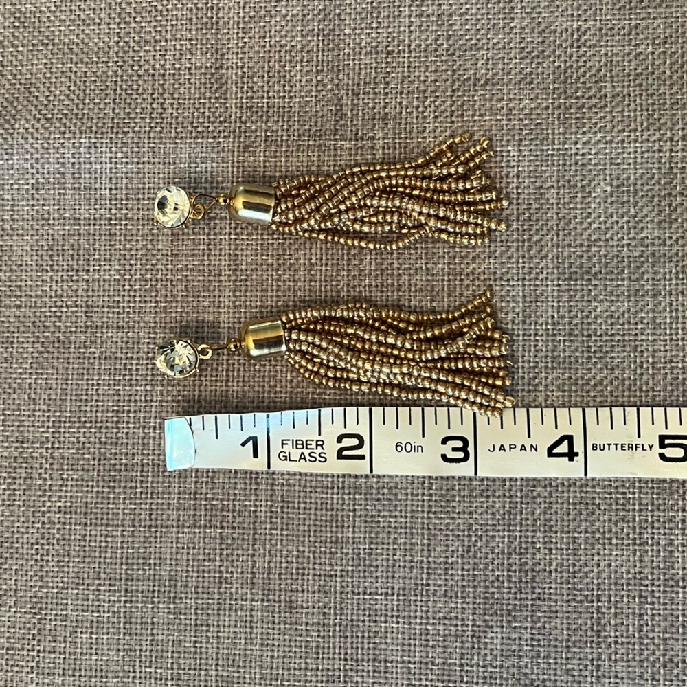 ✨ Gold Beaded Tassel Earrings with Rhinestone Accent – Elegant Statement Dangle✨ - Picture 4 of 4